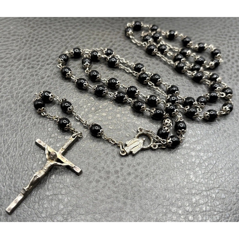 Vintage Italian Rosary Black Stone Bead Necklace Crucifix Cross Silver Tone 30"